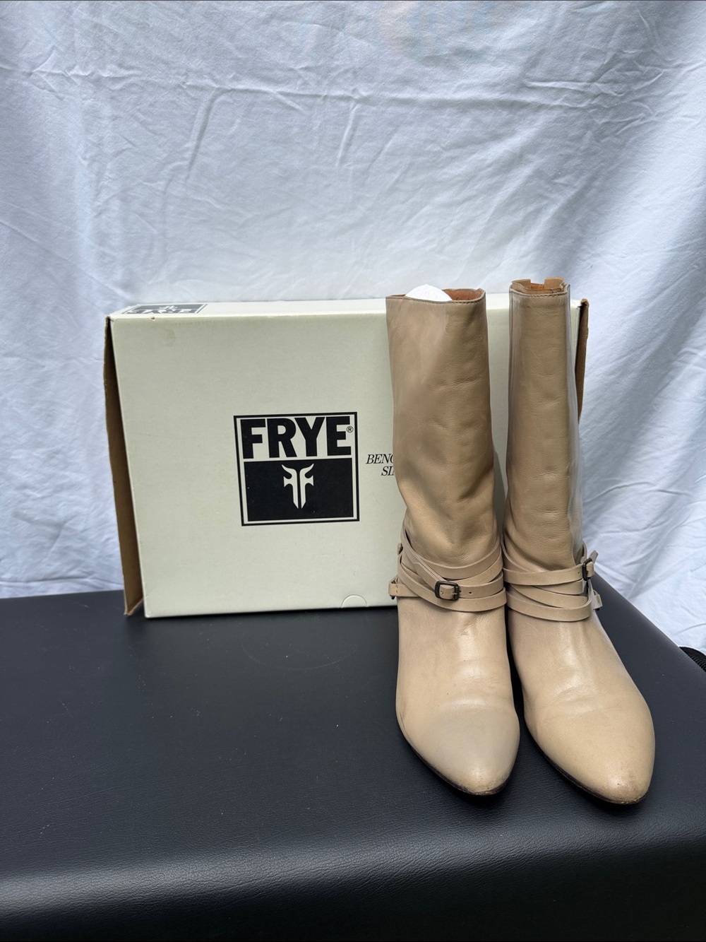 FRYE Beige (Fog) Leather Mid-Calf Buckle Boots